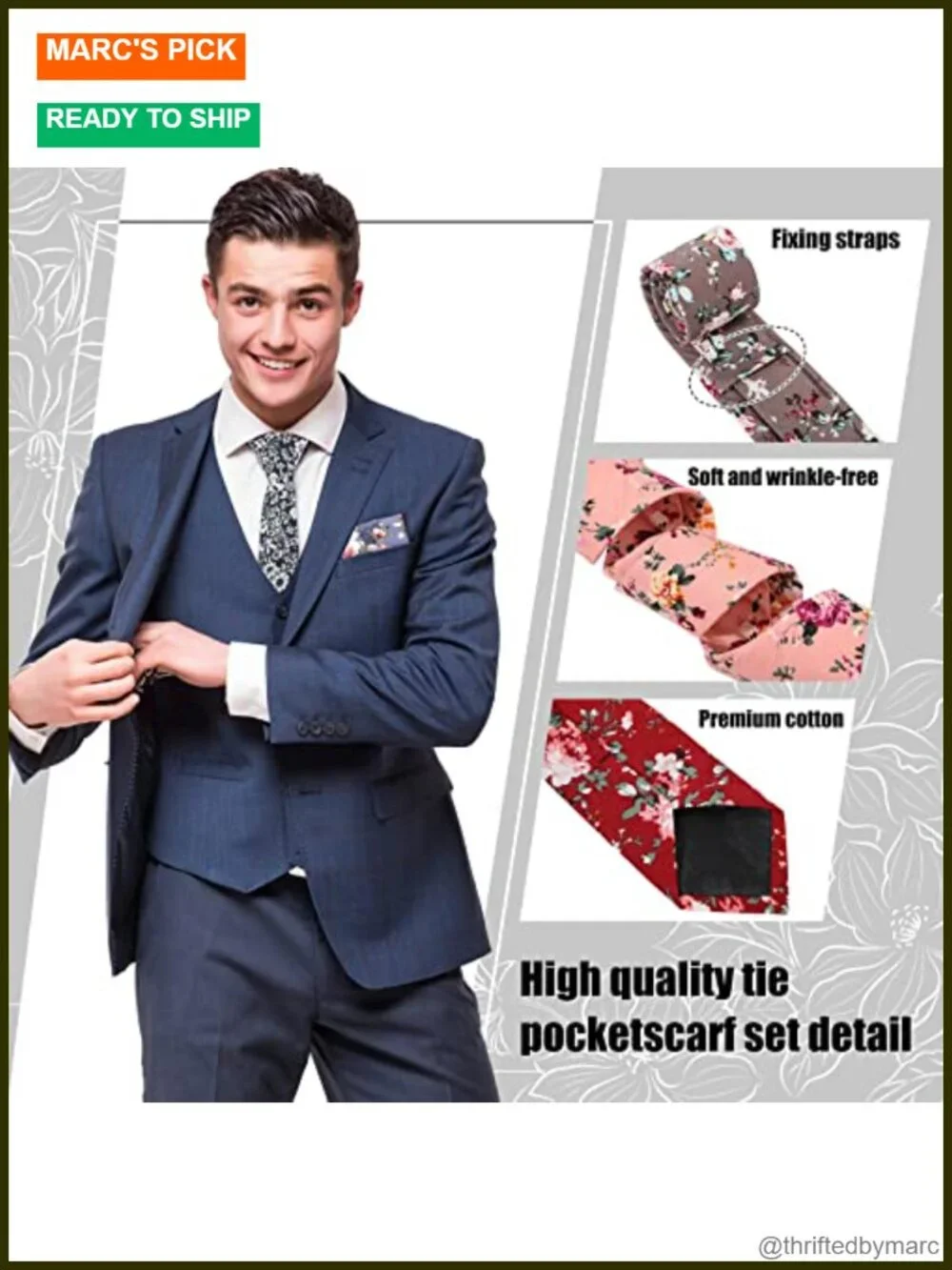 12 Floral Cotton Ties for Men with Pocket Squares